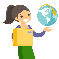 Young caucasian white woman holding box with parcel and world globe. International delivery service and global business concept. Vector cartoon illustration isolated on white background. Square layout