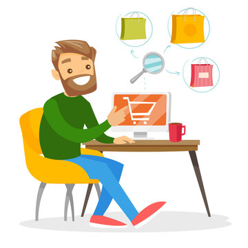 Young caucasian white man using computer for online shopping. Happy man doing online shopping at home. Guy buying on internet. Vector cartoon illustration isolated on white background. Square layout.