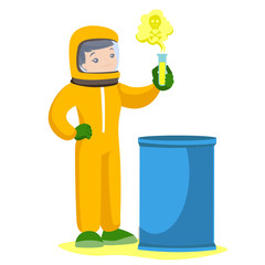 Young caucasian white scientist in radiation protective suit standing next to the barrel and holding a test tube with radioactive liquid. Vector cartoon illustration isolated on white background.