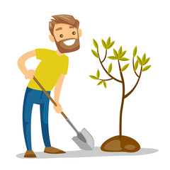 Caucasian white gardener plants a tree with a shovel. Man standing near newly planted tree. Environmental protection and gardening concept. Vector cartoon illustration isolated on white background.