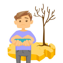 Caucasian white man holding water in hands on the background of dry earth and tree. Concept of drought, climate change and global warming. Vector cartoon illustration isolated on white background.