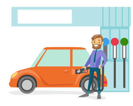 Young caucasian white businessman in suit filling up fuel into the car at the gas station. Hipster man with beard refueling a car. Vector cartoon illustration isolated on white background.