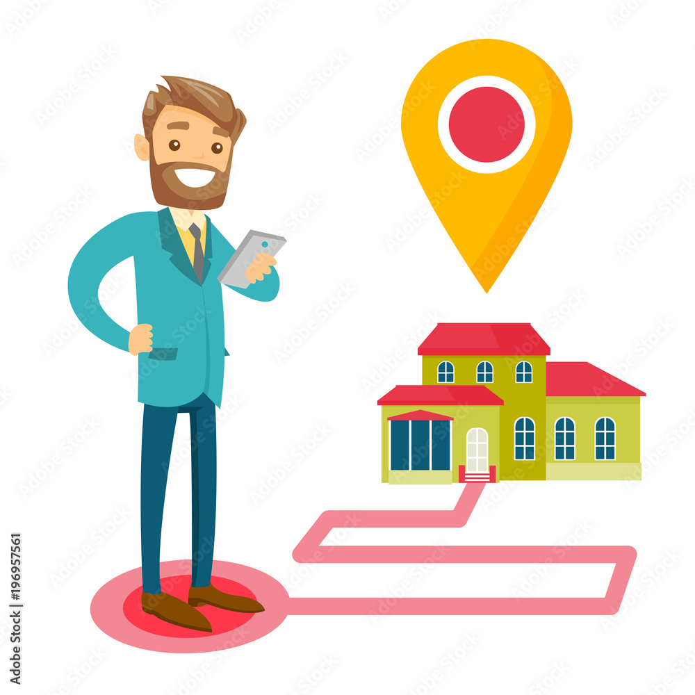 Poster Caucasian white real estate agent holding smartphone with mobile gps navigation on the background of house with map pointer. Vector cartoon illustration isolated on white background. Square layout.