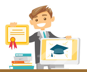 Young caucasian white graduate holding certificate and tablet computer with graduation cap on a screen. Concept of educational technology, online education and graduation. Vector cartoon illustration.