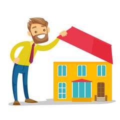 Young caucasian white man looking for a new house. Hipster businessman opening the roof and inspecting the house before buying. Vector cartoon illustration isolated on white background. Square layout.