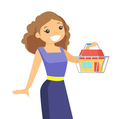 Young caucasian white woman buying a new home. Happy woman holding a shopping basket with a house. Real estate purchase concept. Vector cartoon illustration isolated on white background. Square layout
