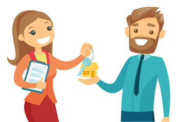 Young caucasian white real estate agent giving house key to a happy client. Realtor passing key to a new house owner. Vector cartoon illustration isolated on white background. Horizontal layout.