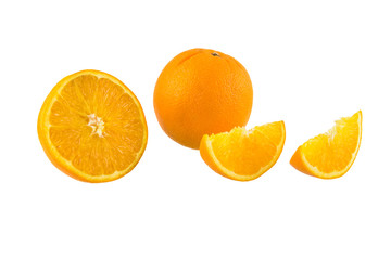 Still Life Half crescent, Full Fresh Orange Fruit on white background