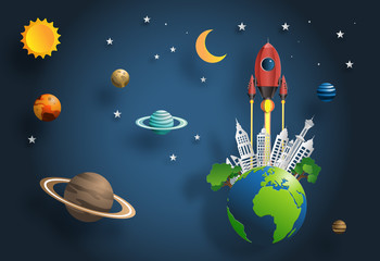 Paper art style of rocket flying over the earth, start up concept, flat-style vector illustration.