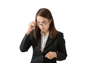 Fototapeta premium Frightened and stressed young business woman Hand holding glasses and open mouth her Eye staring to something.