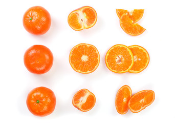 Mandarin, tangerine citrus fruit isolated on white background. Top view. Flat lay
