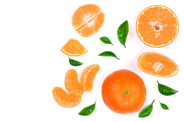 orange or tangerine with leaves isolated on white background with copy space for your text. Flat lay, top view