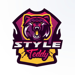 Colorful logo, badge, sticker, emblem of a growling bear. A dangerous beast, a forest predator, teeth. Shield, lettering, printing on T-shirts. Vector illustration