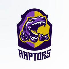 Logo, badge, sticker, dinosaur emblem and its sharp teeth. Dangerous beast, predator of the Jurassic period, extinct animal, mascot, jaw and claws. Lettering, shield, print. Vector illustration