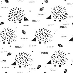 Seamless pattern with cute hedgehogs. Vintage repeating texture with smiling urchins. Childish vector background with cartoon characters.