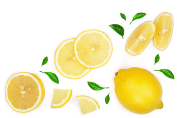lemon and slices with leaf isolated on white background with copy space for your text. Flat lay, top view