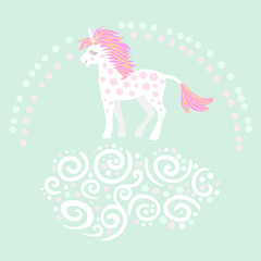 Sweet magic with a unicorn, rainbow, cloud. Vector illustration.
