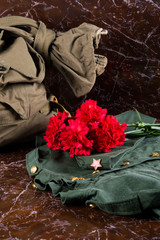 carnations, on a background of a monument, on military clothes and about a bag