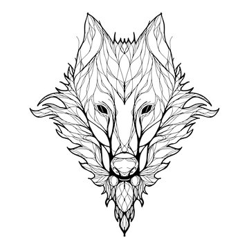 Wolf lined design tribal from branch silhouette tattoo vector with white background