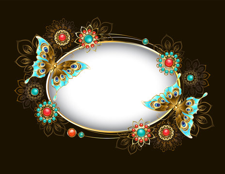 Oval banner with turquoise butterflies