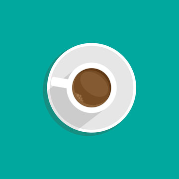 white cup of coffee with shadow. top view isolated on blue. coffee break vector illustration. study, write, teach sign.