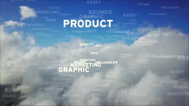 Brand concept. Brand related words flying on the sky above the clouds. Shot in 4k resolution