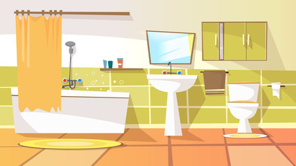 Vector cartoon bathroom interior background template. Modern home, hotel apartment lavatory, restroom. Illustration with ceramic furniture bathtub, faucet toilet sink, shower mirror closet with mirror © vectorpouch