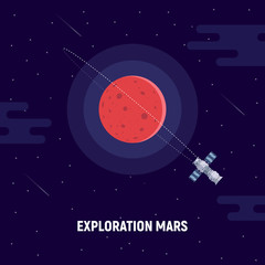 Colonization of Mars. Red planet and satellite. Concept illustration of a mission to Mars. Vector illustration in a flat style. © aurora72