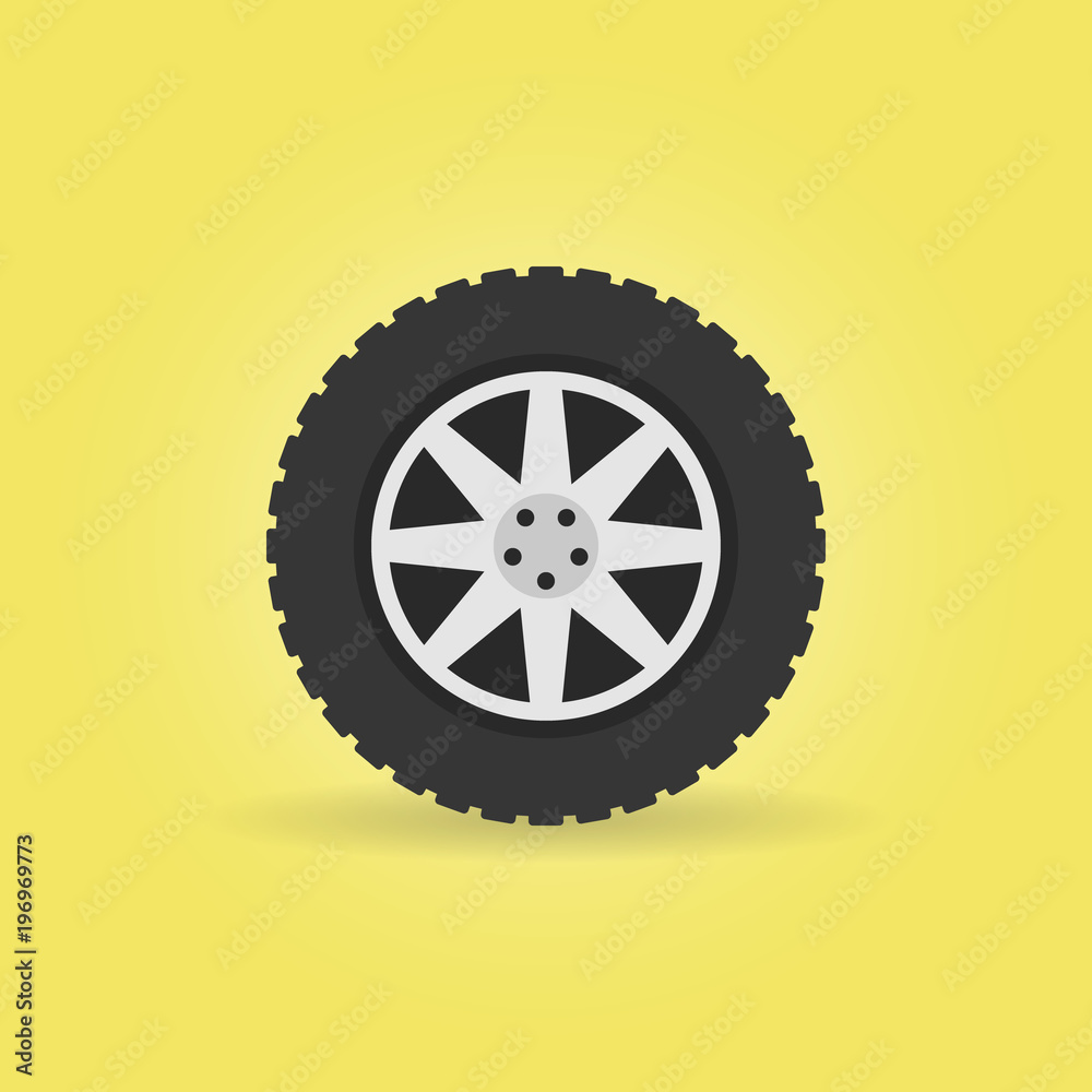 Wall mural flat car wheel with tire vector icon on yellow background