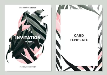 Rolgordijnen Invitation card template design, tropical green palm leaves and pink lotus flower © momosama