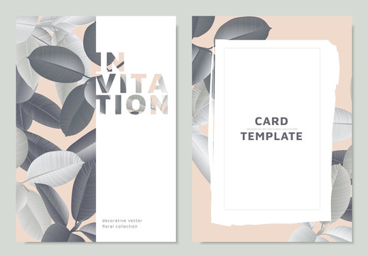 Invitation card template design, gray Ficus Elastica leaves on light pink background with white frame