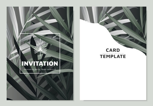 Invitation card template design, tropical green palm leaves on dark background