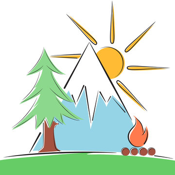 Cartoon paper landscape. Tree, mountain, fire illustration Vector eps 10