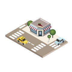 Isometric city. Cafe or restraunt. Food delivering. City life. Geo tracking. Map