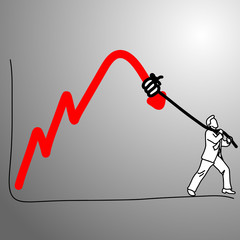 someone making graph falling down with rope vector illustration doodle sketch hand drawn with black lines isolated on gray background. Business concept.