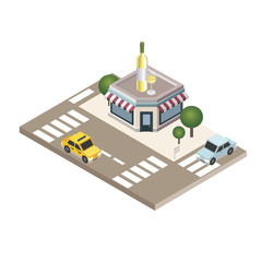 Naklejka premium Looking for bar or wine shop. Isometric mobile and white wine. Geo tracking. City life. Map. City life