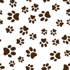 Cat or dog brown paw prints vector seamless pattern