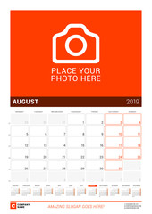 August 2019. Wall calendar for 2019 year. Vector design print template with place for photo and year calendar. Week sarts on Monday