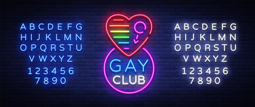 Gay club neon sign. Logo in neon style, light banner, billboard, night bright advertising for gay club, lgbt, party, gay society. Same-sex love. Vector illustration. Editing text neon sign