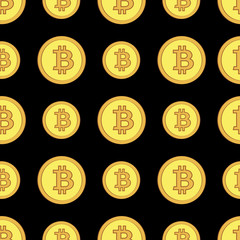 Golden coins with bitcoin sign seamless pattern. Crypto-currency market. Money icons on black background