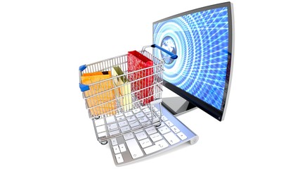 Shopping e commerce cart with gifts and shopping bags on a computer keyboard, emerging from the blue computer screen, symbolizes online shopping, internet busines, isolated, white background