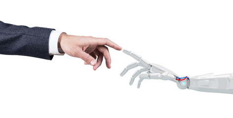 Human hand touching an android hand. 3d rendering.
