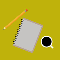Paper notebook with coffee and pencil. Vector isolated realistic illustration.