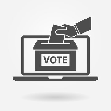 Voting online icon concept. Hand putting voting paper into the ballot box on a laptop screen