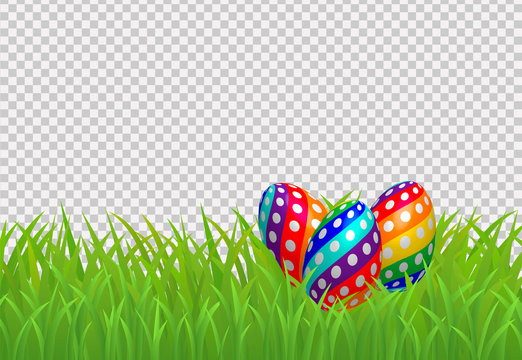 Decorative easter eggs on green grass border, Isolated on transparent Background. Vector illustration