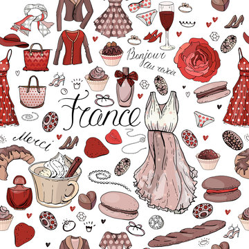 Seamless pattern made of different symbols related to France, travelling and Paris. Red and brown color. Endless texture for fashion and travel design,elements on white
