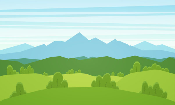 Cartoon mountains flat summer landscape with green hills