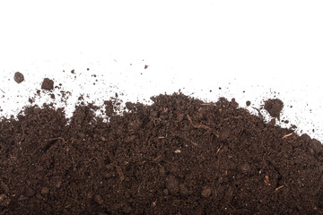 Pile heap of soil isolated on white background with copy space for your text. Top view