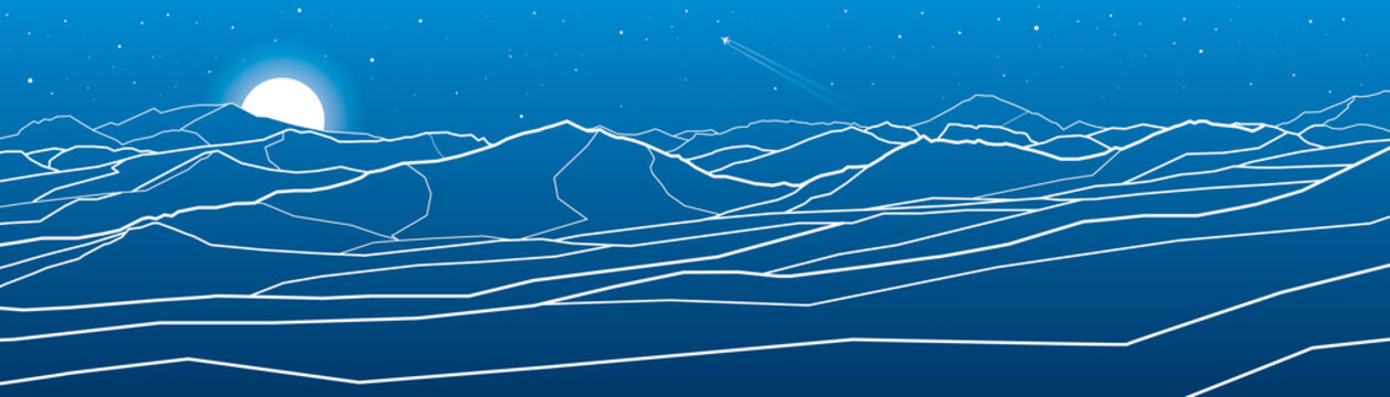Mountains panorama. Night scene. White lines on blue background. Vector design art