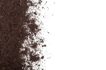 Pile heap of soil isolated on white background with copy space for your text. Top view